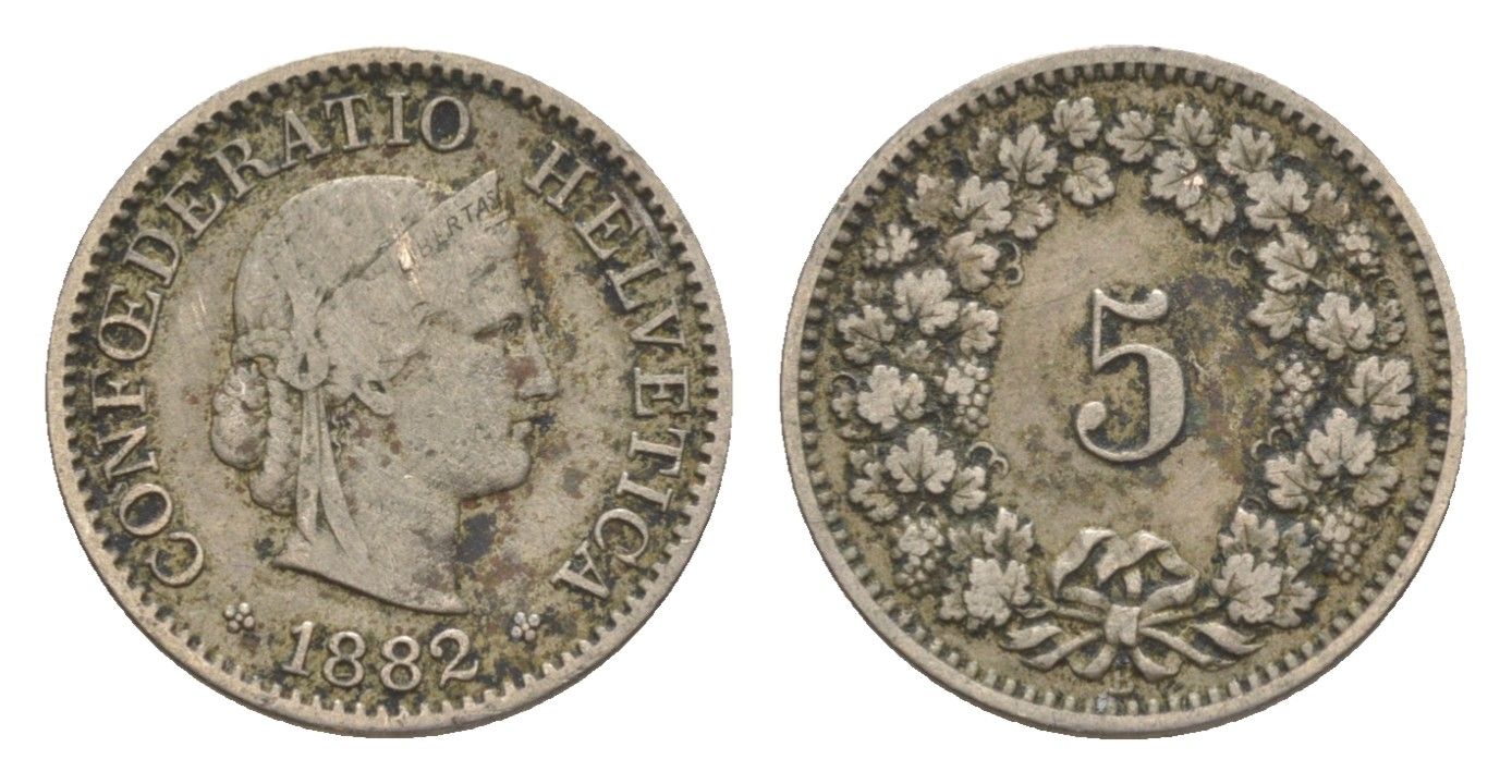 Швейцария 5 раппенов 1882 B KM 26 медно-никель 4611-663