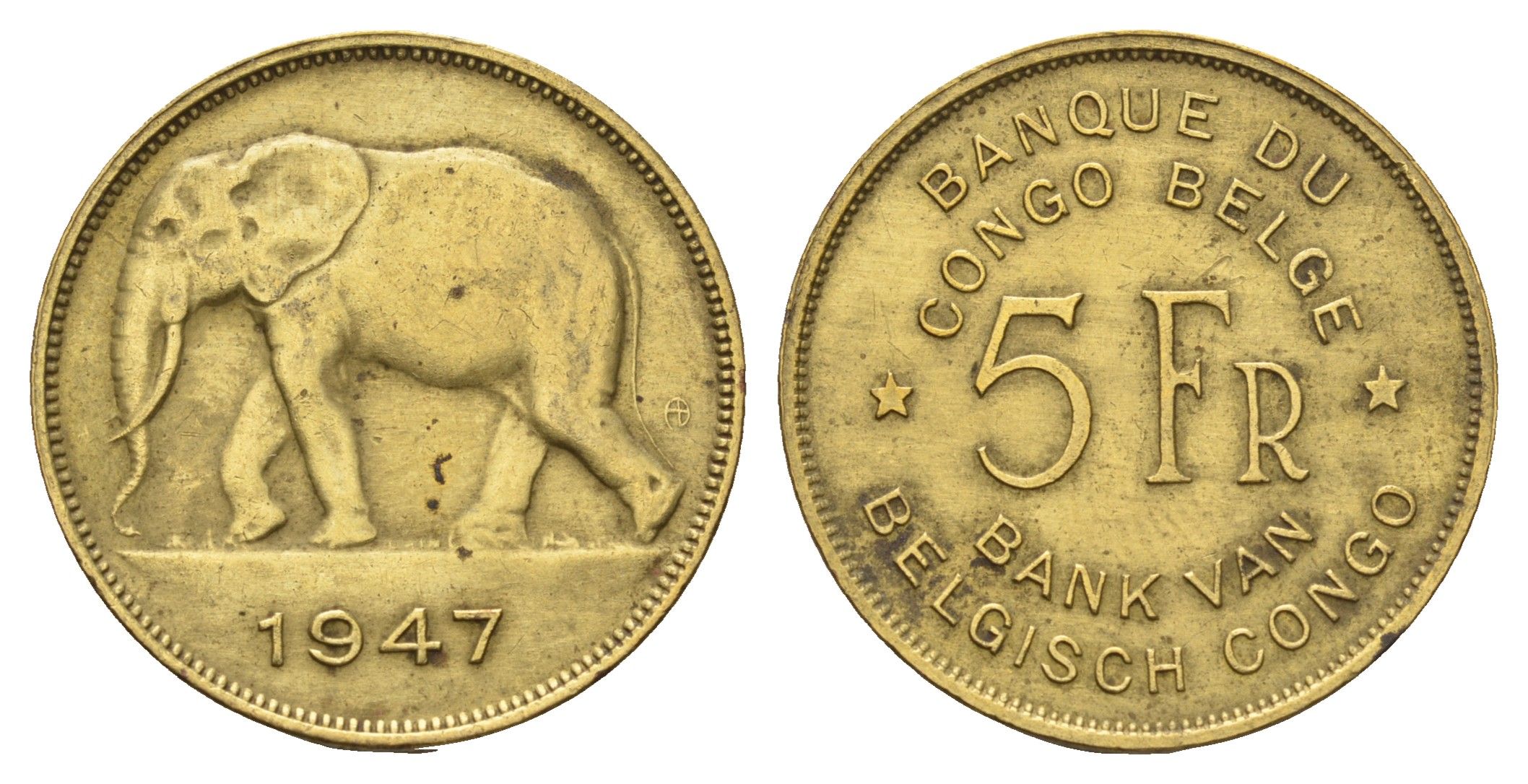 Бельгийское Конго 5 франков 1947 слон, Леопольд III, год тип KM 29 латунь 4127-1814