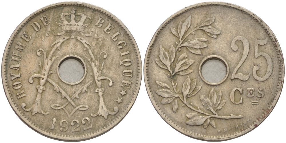 БЕЛЬГИЯ 25 САНТИМОВ 1922 BELGIQUE KM 68.1 медно-никель 38-233