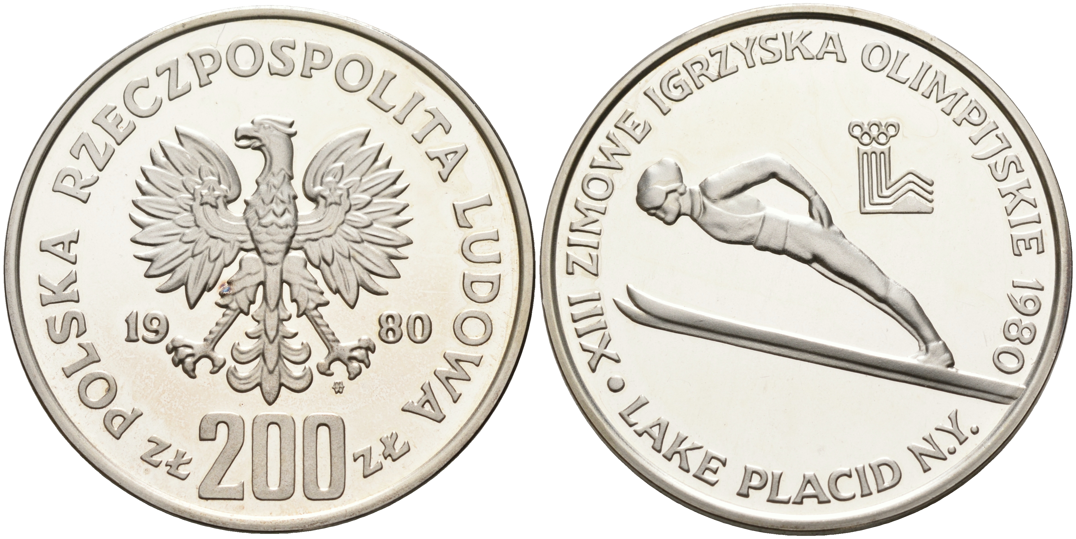 Польша 200 злотых 1980 MW, XIII Олимпийские игры в Лейк-Плэсиде, прыжки с трамплина, тираж 28040 экз. KM 110.2 серебро PROOF 1096-1-24