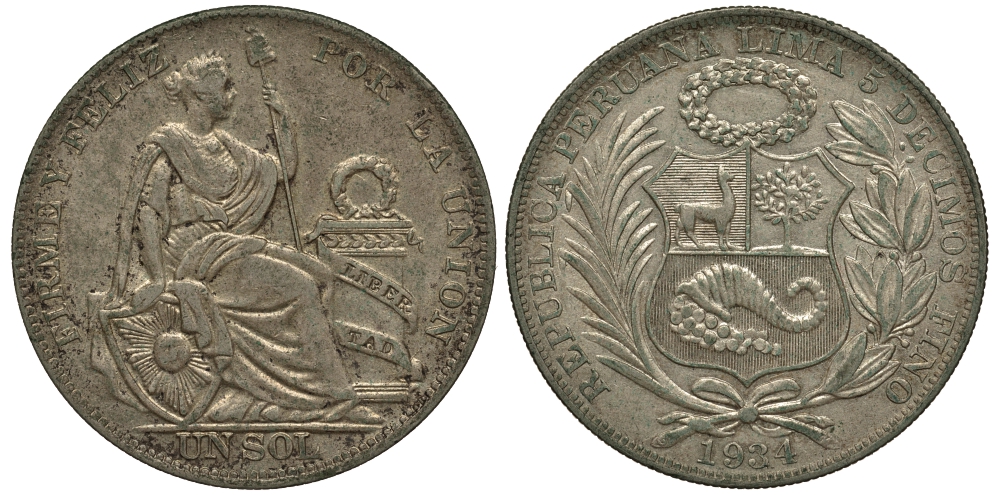 Перу 1 соль 1934 KM 218.2 серебро aUNC 272-642
