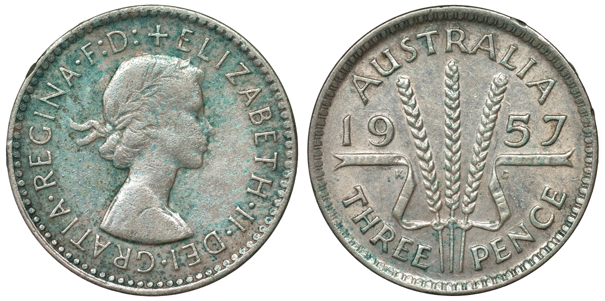 Австралия 3 пенса 1957 m, Елизавета II (1952-2022) KM 57 серебро 71-513