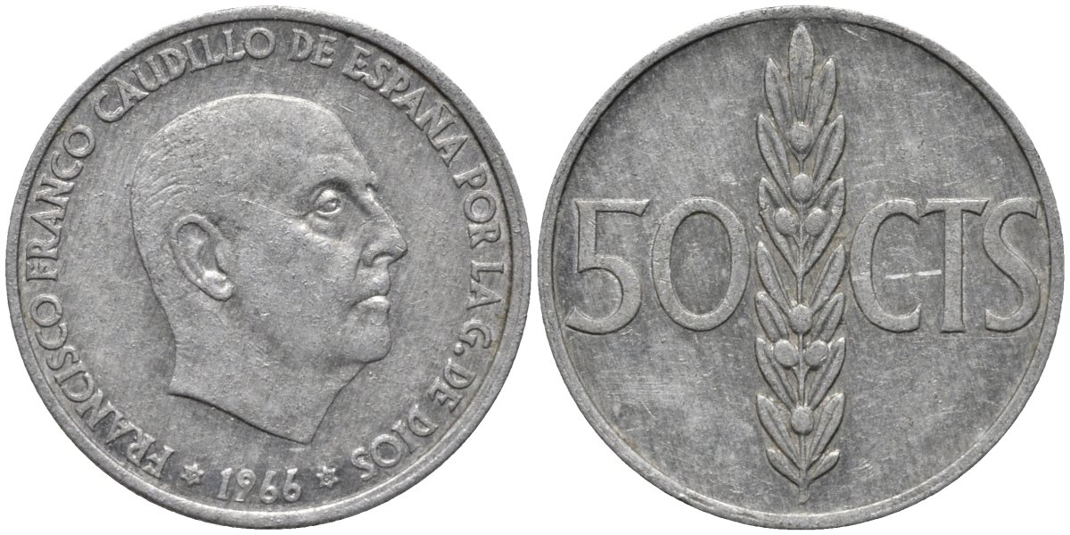 Испания 50 сентимо 1966 (67) Франциско Франко (1939-1975) KM 795 алюминий 4576-1223