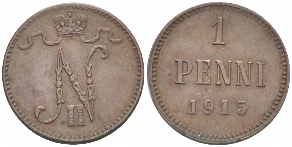 РОССИЯ ДЛЯ ФИНЛЯНДИИ 1 ПЕННИ 1915 НИКОЛАЙ II KM 13, Биткин 475 медь 261-1155