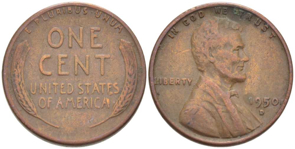 США 1 ЦЕНТ 1950 D, ЛИНКОЛЬН KM А132 медь цинк 218-543