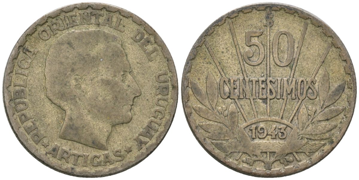 Уругвай 50 сентесимо 1943 KM 31 серебро 4606-1235