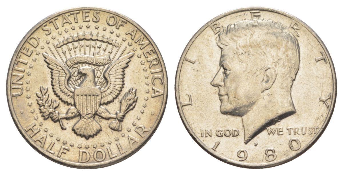 США 1/2 доллара (50 центов) 1980 P, Джон Кеннеди KM A202b медь плакированная медно-никелем aUNC 4517-445