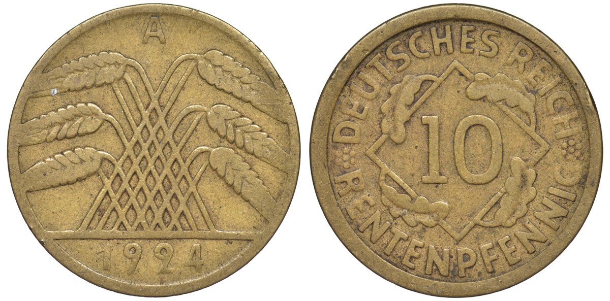 Германия 10 рентенпфеннигов 1924 A KM 33, J. 309 алюминиевая бронза 4604-641