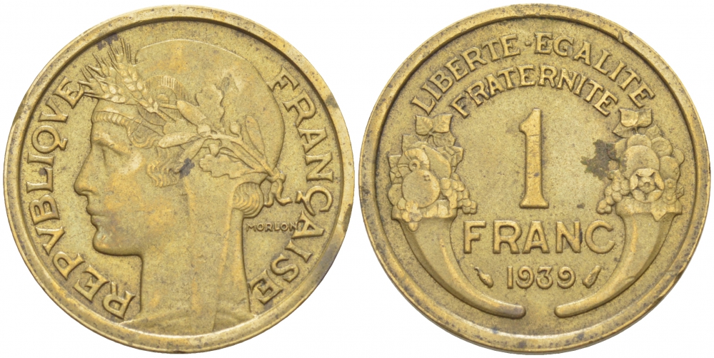 Франция 1 франк 1939 тип Морлон KM 885, LE FRANC 219.10 алюминиевая бронза 4402-854