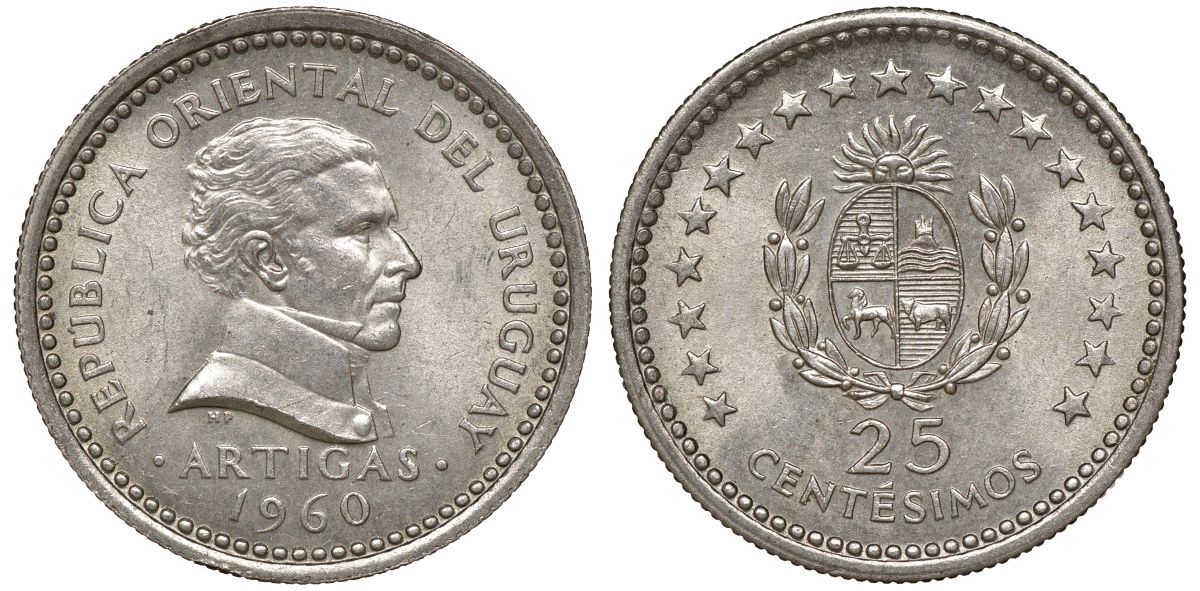 Уругвай 25 сентесимо 1960 KM 40 медно-никель 4169-847