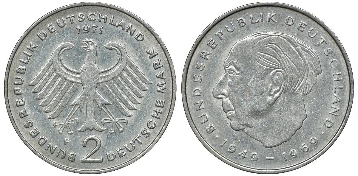 ФРГ 2 марки 1973 F, Теодор Хойс, 20 лет Федеративной Республике (1949-1969) KM A127, J. 407 медно-никель плакированный никелем плакированный никелем UNC 72-534