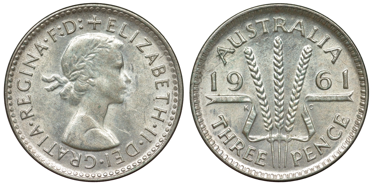 Австралия 3 пенса 1961 m, Елизавета II (1952-2022) KM 57 серебро 71-669