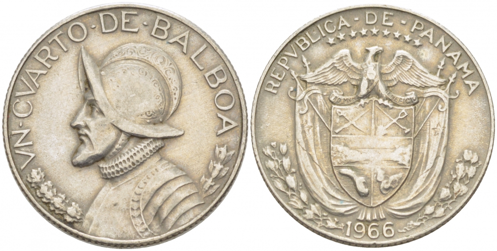Панама 1/4 бальбоа 1966 Васко Нуньес де Бальбоа KM 11a медь плакированная медно-никелем 259-943