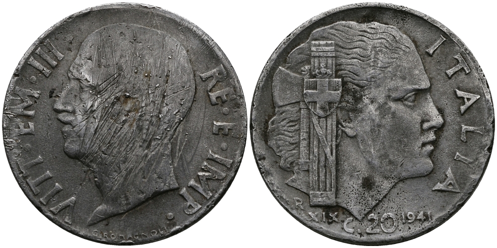 ИТАЛИЯ 20 ЧЕНТЕЗИМО 1941 R, ВИКТОР ИМАНУИЛ, XIX ГОД KM 75b нержавеющая сталь 98-136