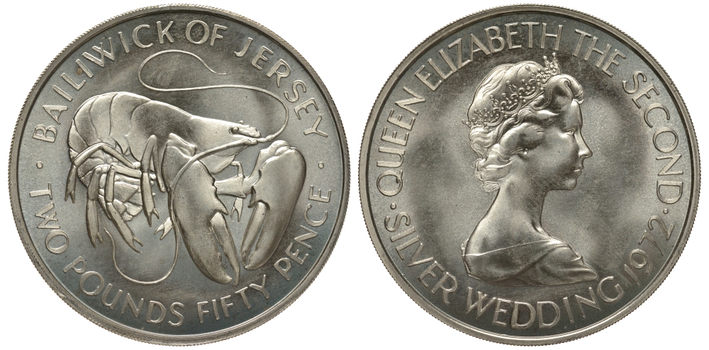 Джерси 2 1/2 фунта (2 фунта 50 пенсов) 1972 25 лет свадьбе Королевы Елизаветы II и Принца Филиппа KM 38 серебро BU 1081-9-42