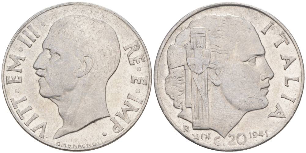 ИТАЛИЯ 20 ЧЕНТЕЗИМО 1941 R, ГОД XIX, ВИКТОР ЭММАНУИЛ III (1900-1946) KM 75b, VEM3. 1028 нержавеющая сталь 3853-841