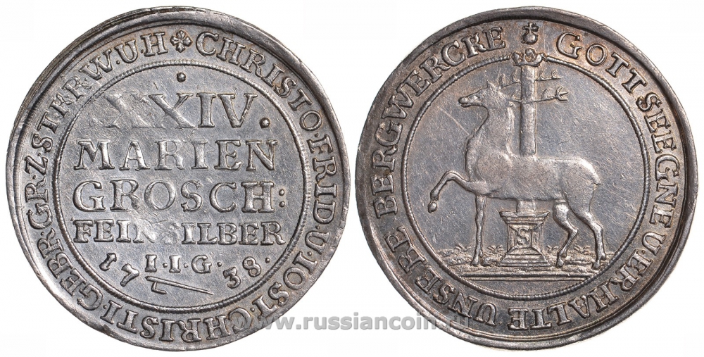 Штольберг 24 мариенгроша 1738 IIG Friederich 1782, Davenport 1000, Museler 66.2.85 серебро 00-804-75