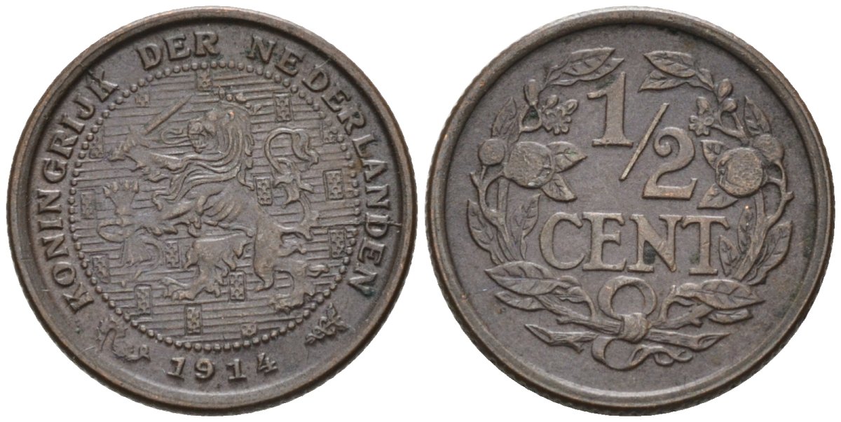 Нидерланды 1/2 цента 1914 Вильгельмина (1890-1948) KM 138 бронза 4576-356
