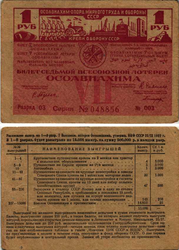 СССР 1 РУБЛЬ 1932 СЕДЬМАЯ ВСЕСОЮЗНАЯ ЛОТЕРЕЯ ОСОАВИАХИМА бумага 7214-2-4-1