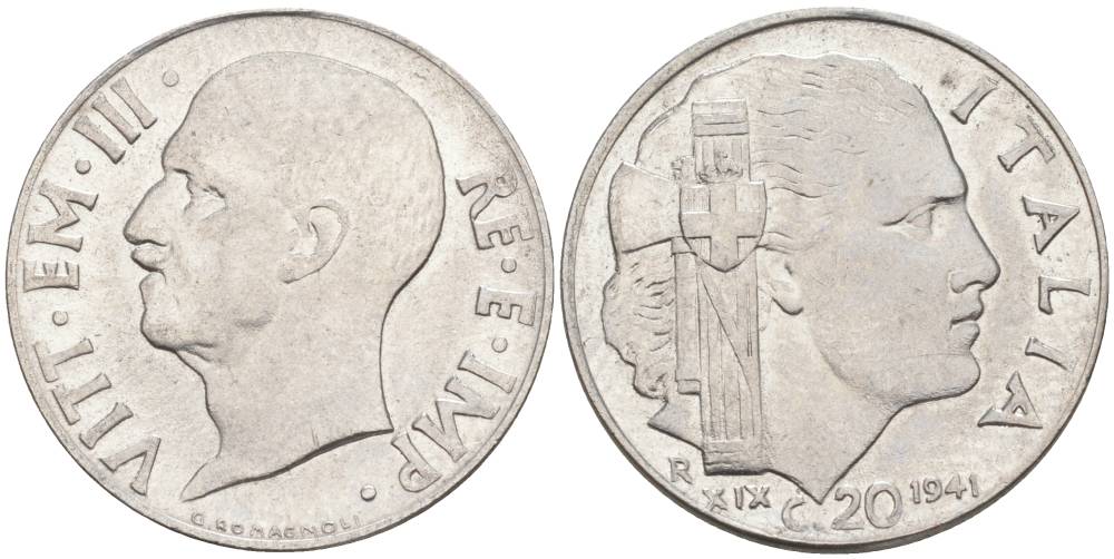 ИТАЛИЯ 20 ЧЕНТЕЗИМО 1941 R, ГОД XIX, ВИКТОР ЭММАНУИЛ III (1900-1946) KM 75b, VEM3. 1028 нержавеющая сталь 3853-834