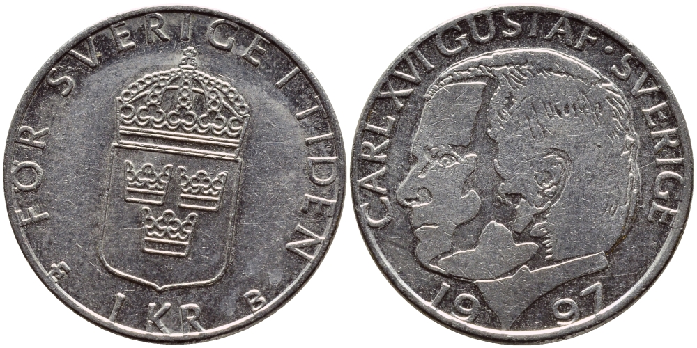 Швеция 1 крона 1997 Карл XVI Густав (1973- ) KM 852a медно-никель 4382-1134