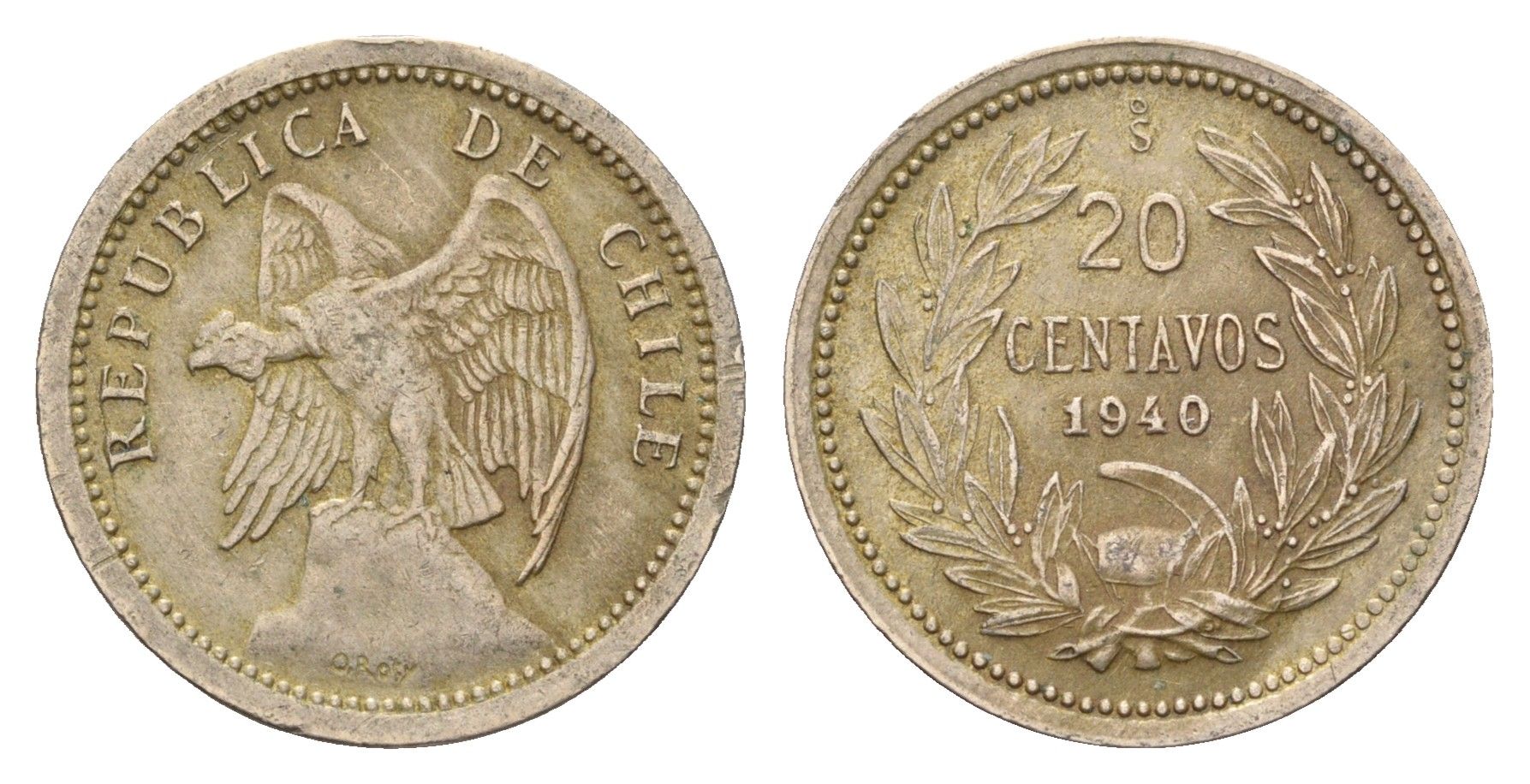 Чили 20 сентаво 1940 KM 167 медно-никель 4688-317