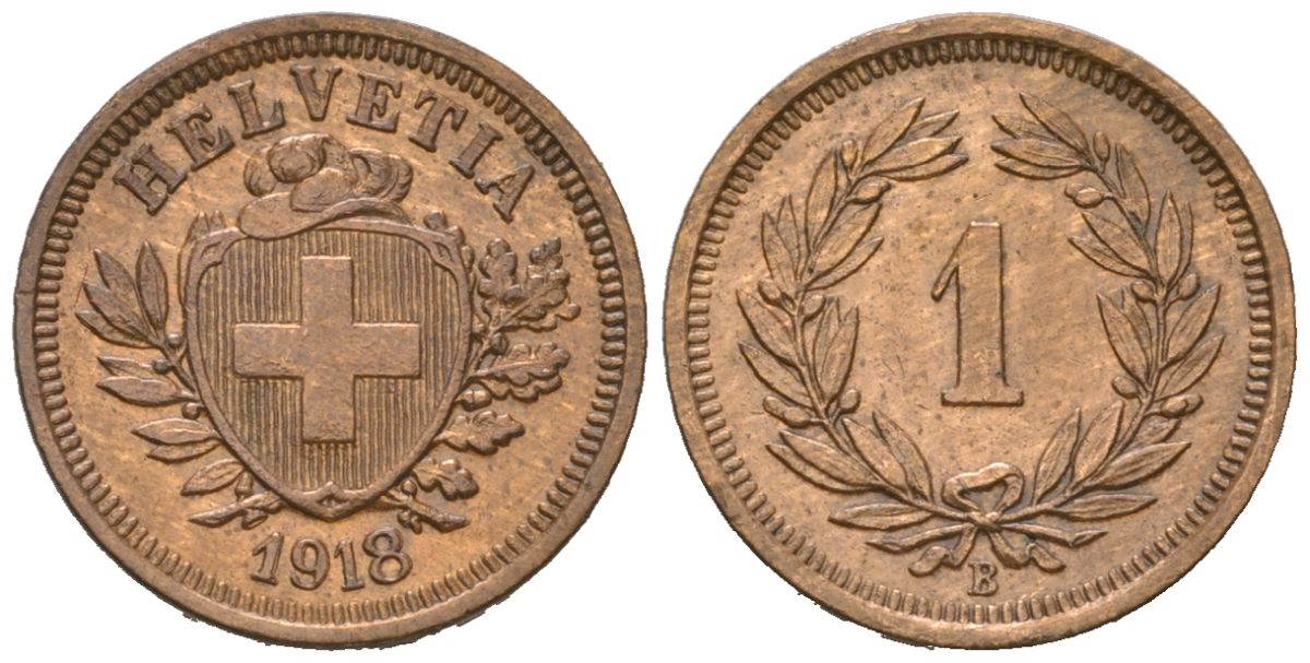 Швейцария 1 раппен 1918 B KM 3 бронза 26-1021