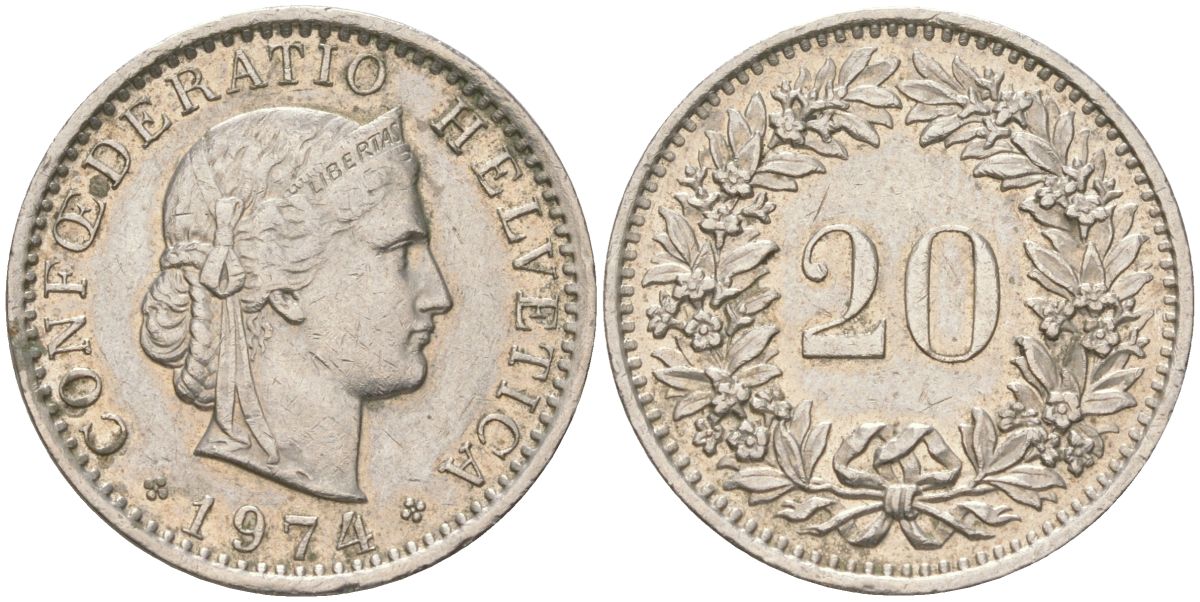 Швейцария 20 раппенов 1974 KM 29a медно-никель 4621-926