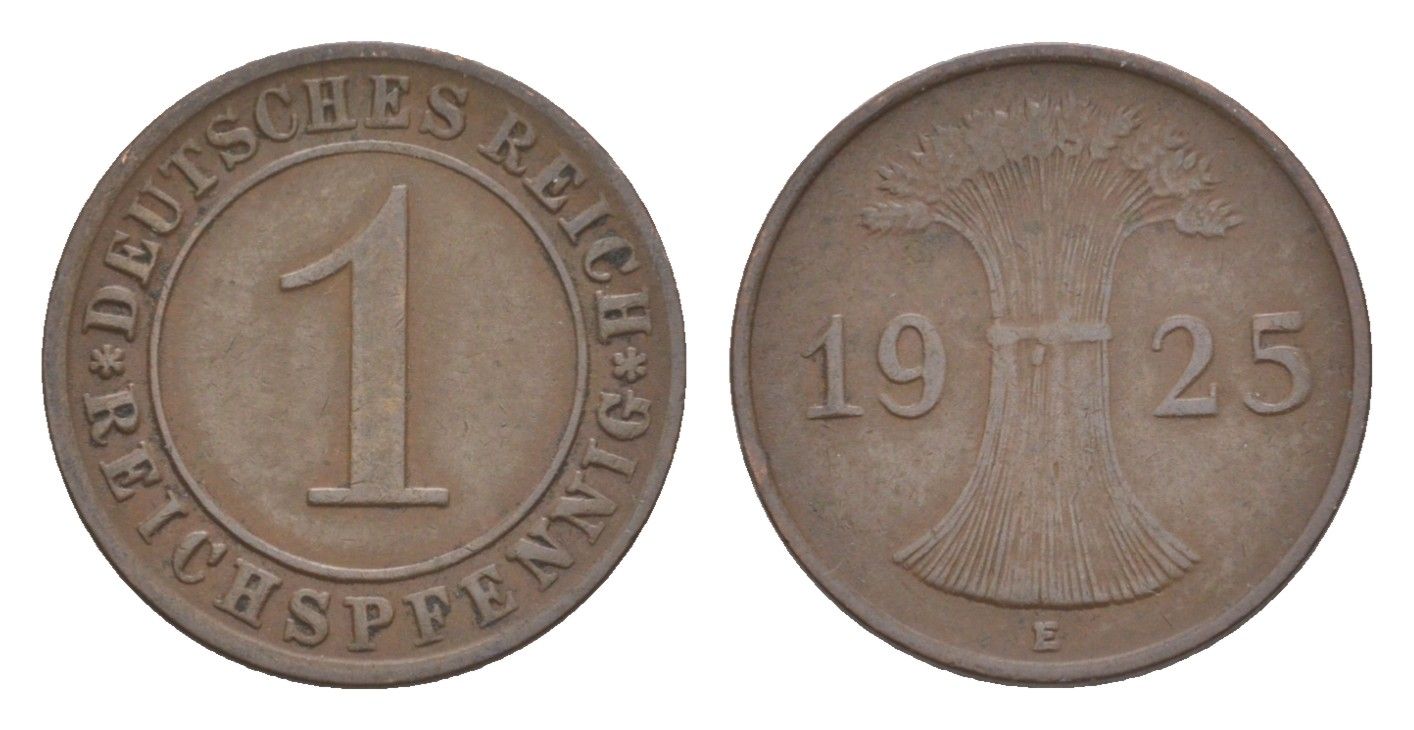 Германия 1 рейхспфенниг 1925 E KM 37, J. 313 бронза 4644-1033