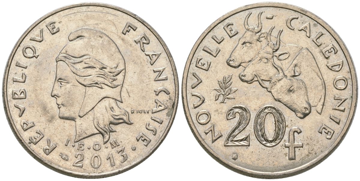 Французская Новая Каледония 20 франков 2013 три быка, (IEOM) KM 12a, Schoen 14a медно-никель 4137-443