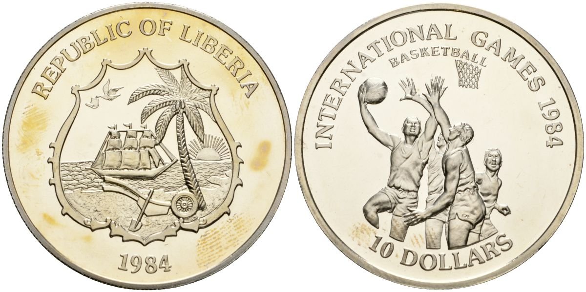 Либерия 10 долларов 1984 международные игры по баскетболу KM X 2 медно-никель PROOF 00-00