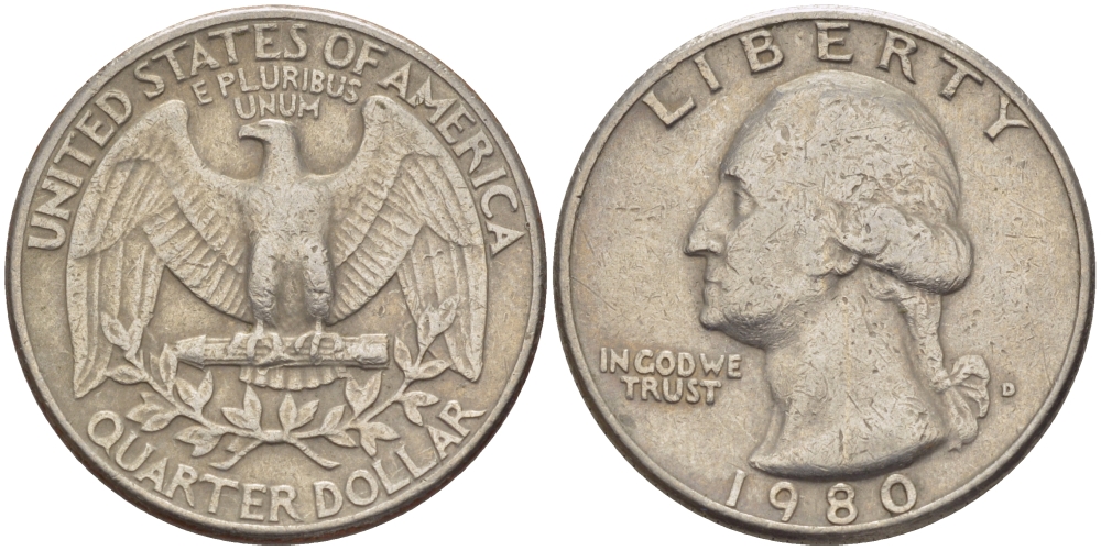 США 25 центов (квотер) 1980 D, Вашингтон KM А164а медь плакированная медно-никелем 31-734