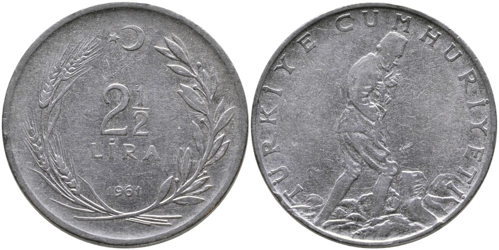ТУРЦИЯ 2 1/2 ЛИРЫ 1961 KM 893.1 нержавеющая сталь 29-1024