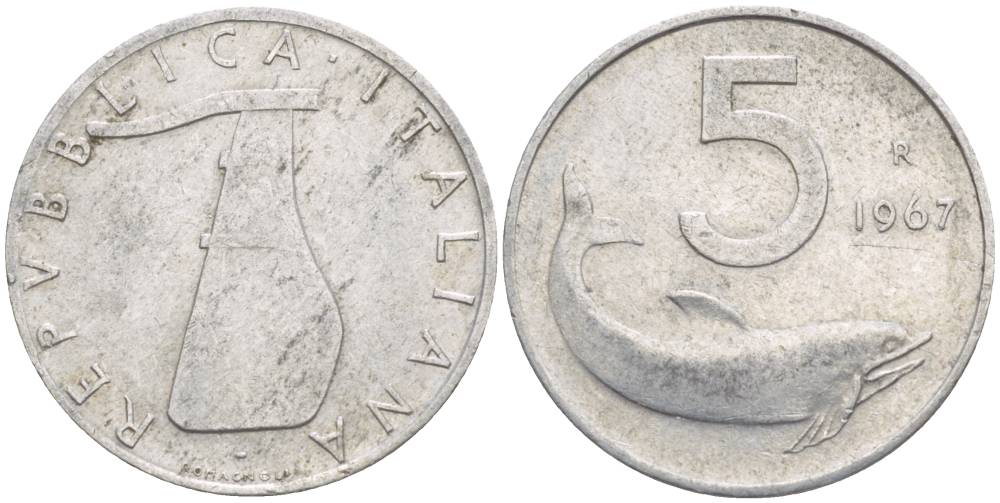 ИТАЛИЯ 5 ЛИР 1967 R, ДЕЛЬФИН, РУЛЬ KM 92 алюминий 4551-117