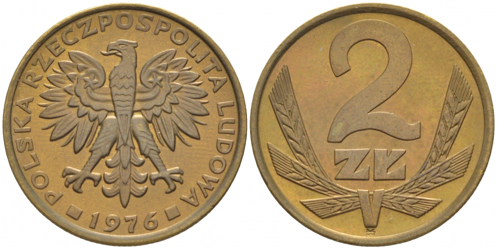 Польша 2 злотых 1976 Ленинградский монетный двор (ЛМД) KM 80.1, Parchimowicz 217b латунь 112-822