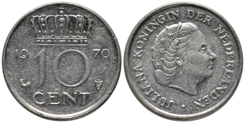 Нидерланды 10 центов 1970 Юлиана (1948-1980) KM 182 никель 112-729