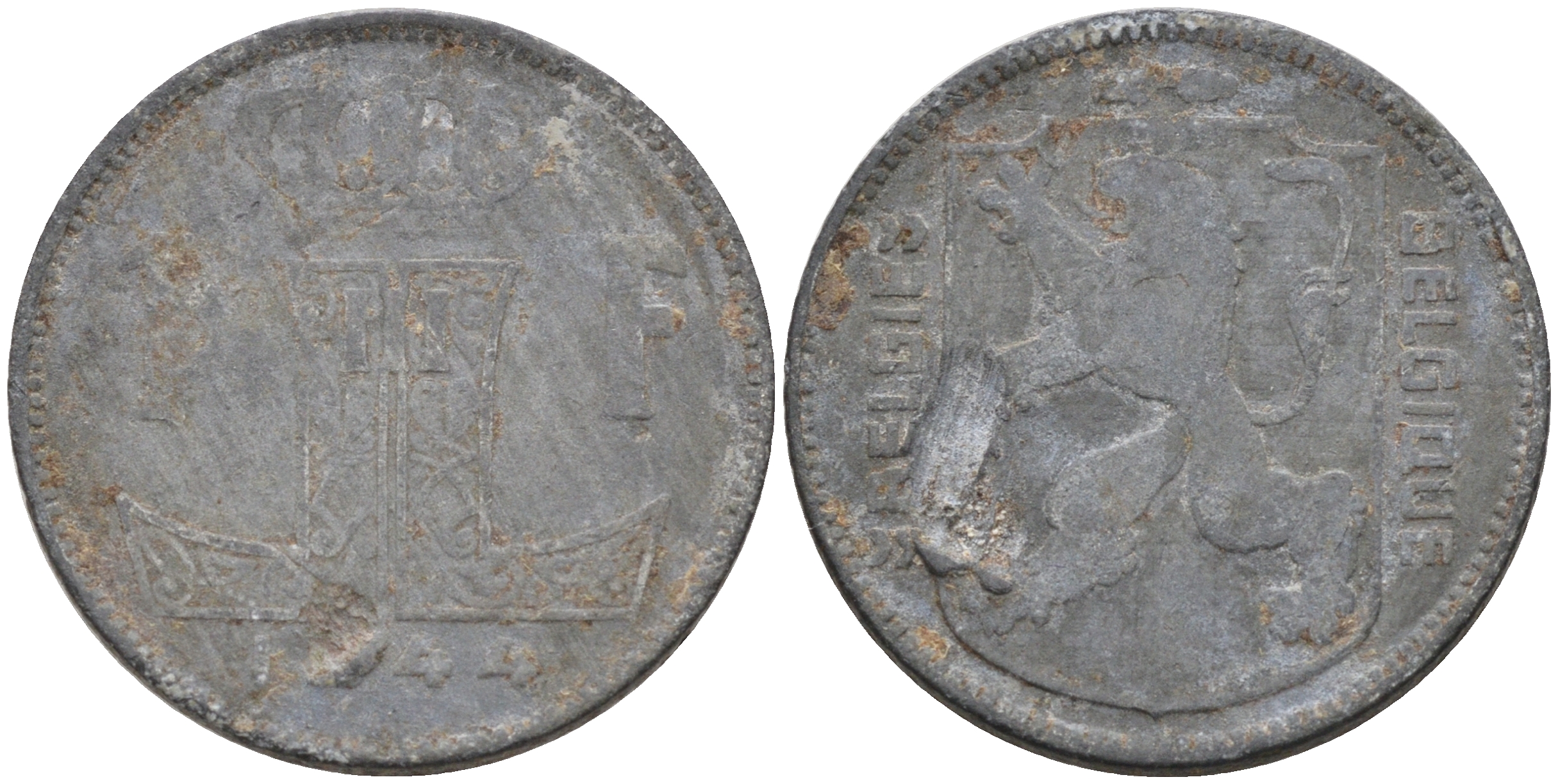 Бельгия 1 франк 1944 BELGIE-BELGIQUE, немецкая оккупация KM 128 цинк 4592-511