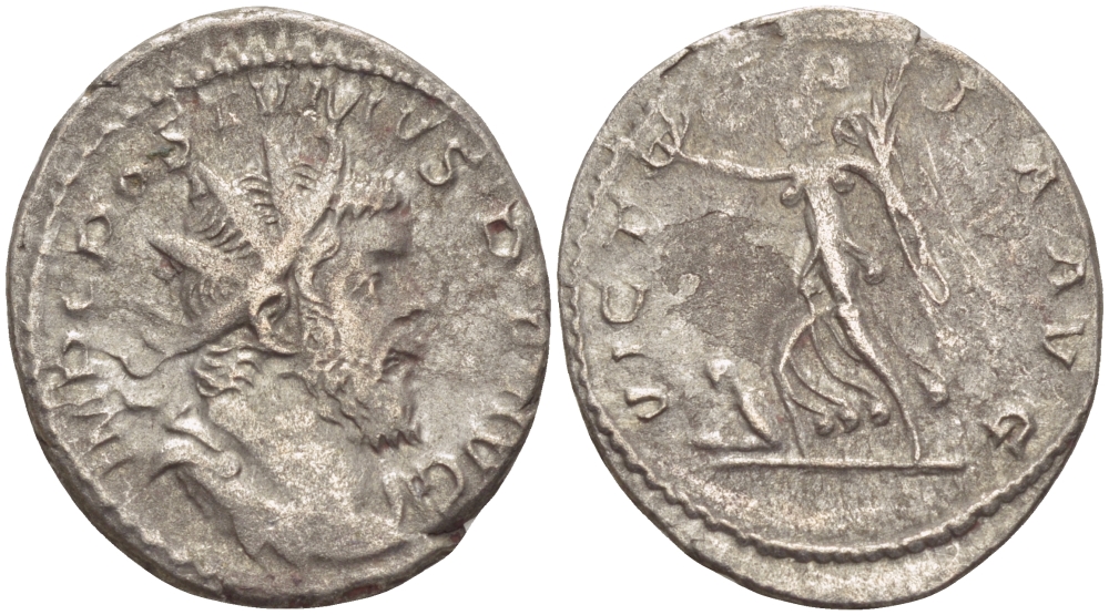 Римская Империя (императоры в Галлии) антониниан 260 - 269 Постум. IMP C POSTVMVS P F AVG / VICTORIA AVG, Виктория с венком и пальмовой ветвью, у ног пленник, Колония Агриппины, Good Very fine RIC 89 биллон 1073-13-77