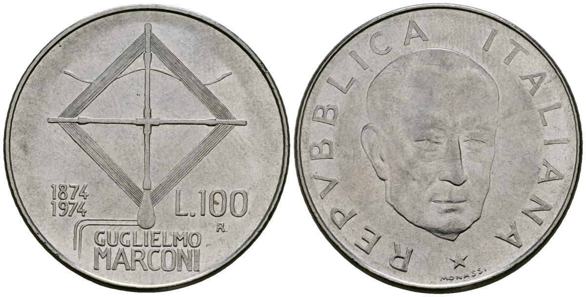 Италия 100 лир 1974 100 лет со дня рождения Гульельмо Маркони KM 102 нержавеющая сталь 4137-243