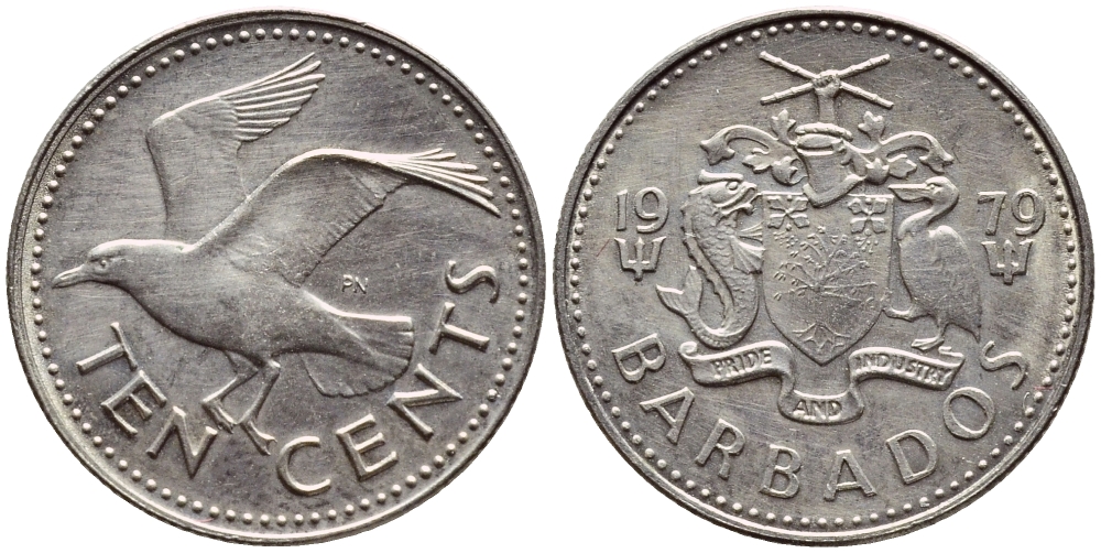 Барбадос 10 центов 1979 смеющаяся (Ацтекская) чайка KM 12 медно-никель 4396-1219