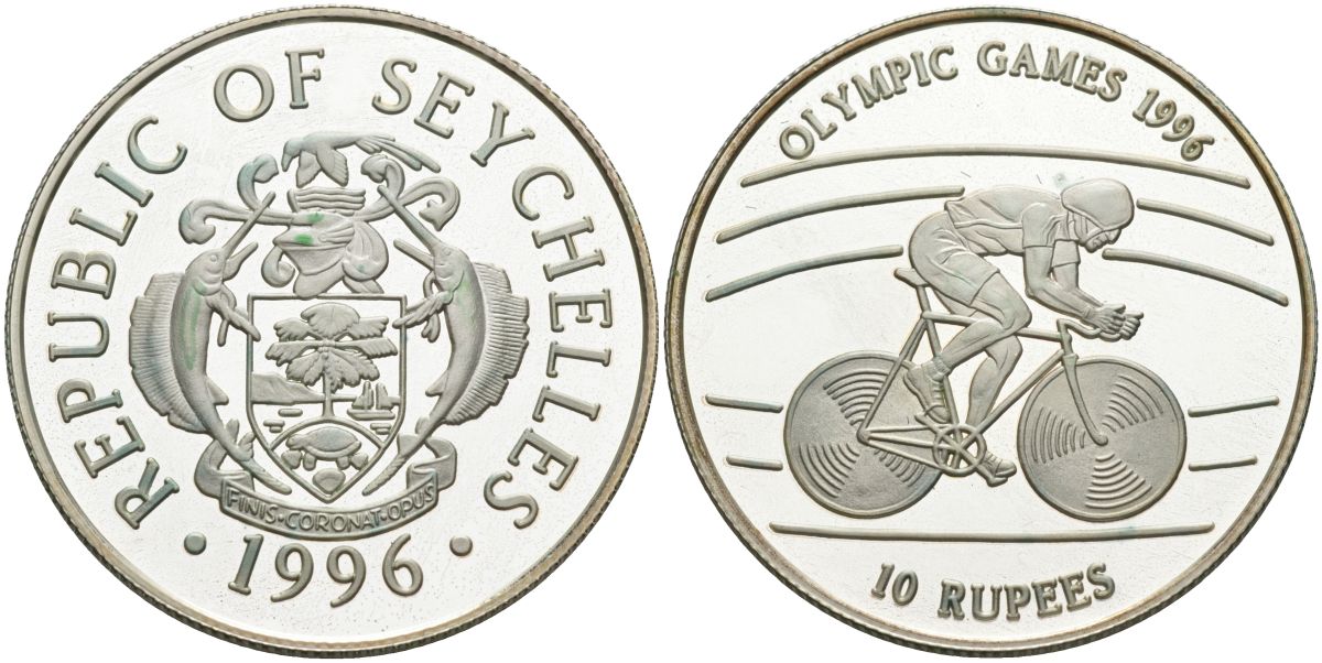 Сейшельские острова 10 рупий 1996 олимпийские игры 1996 года, велоспорт KM 87 серебро PROOF 1096-1-64