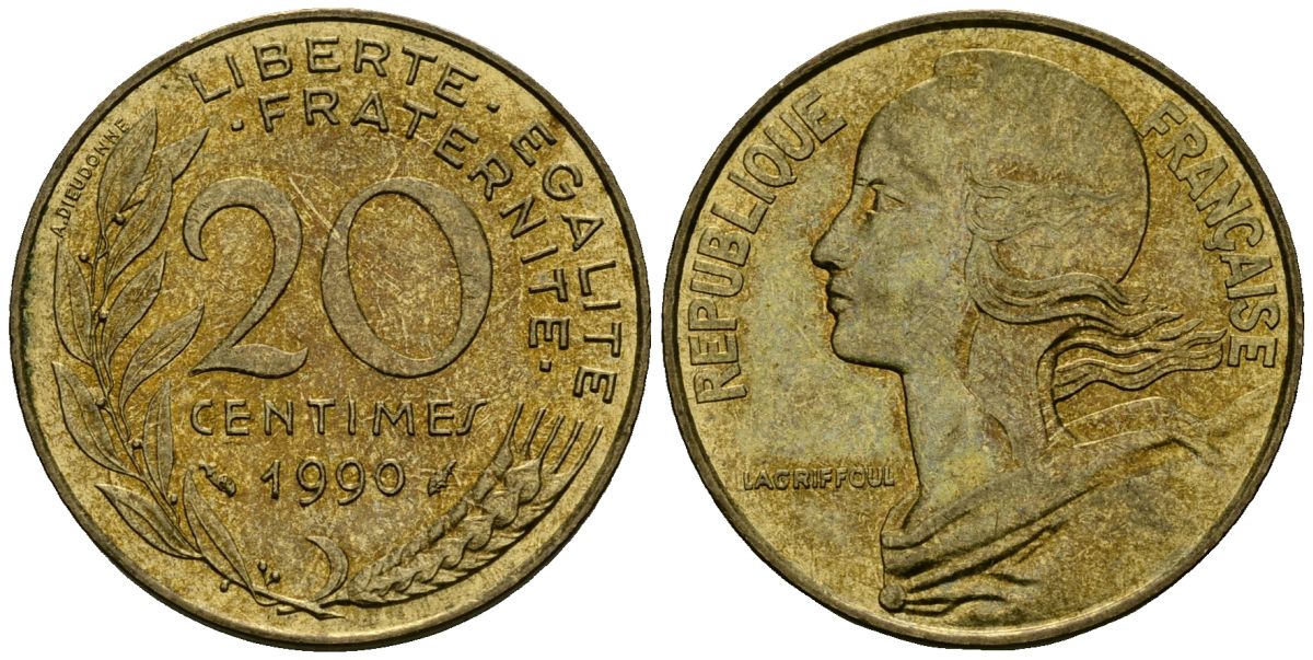 Франция 20 сантимов 1990 тип Marianne KM 930 медь алюминий никель 4135-637