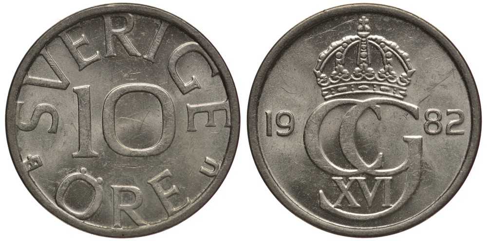 Швеция 10 эре 1982 U, Карл XVI Густав (1973- ) KM 850 медно-никель 112-916