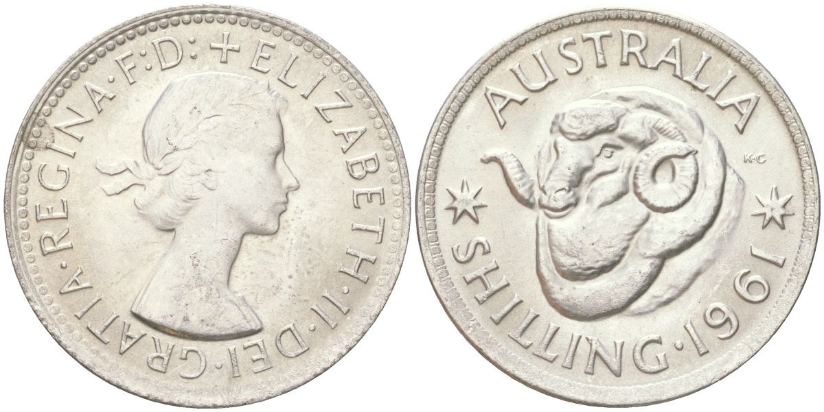 Австралия 1 шиллинг 1960 M, Елизавета II (1952-2022), овца меринос KM 59 серебро 4622-225