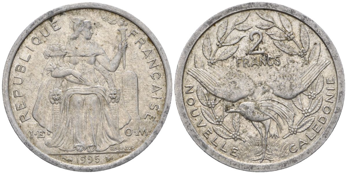 Французская Новая Каледония 2 франка 1995 птица кагу, (IEOM) KM 14, Schoen 11, Lec 68 алюминий    23-831