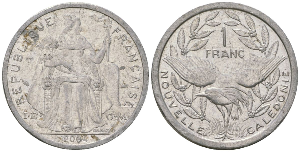 Французская Новая Каледония 1 франк 2004 птица кагу, (IEOM) KM 10, Schoen 10, Lec 52i алюминий 51-156