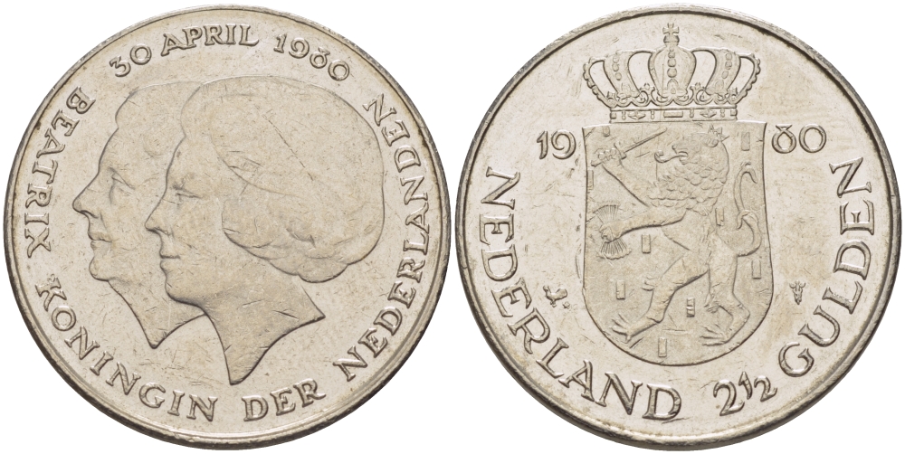 Нидерланды 2 1/2 гульдена 1980 коронация Беатрикс, 30 апреля 1980 KM 201 никель 38-126