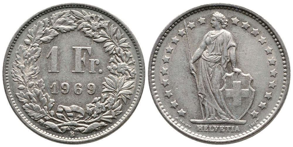 ШВЕЙЦАРИЯ 1 ФРАНК 1969 В KM 24а.1 медно-никель 83-1931
