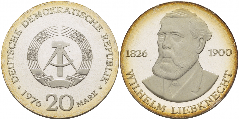 ГДР 20 марок 1976 А, 150 лет со дня рождения Вильгельма Либкнехта KM 63 серебро PROOF 1099-2-31