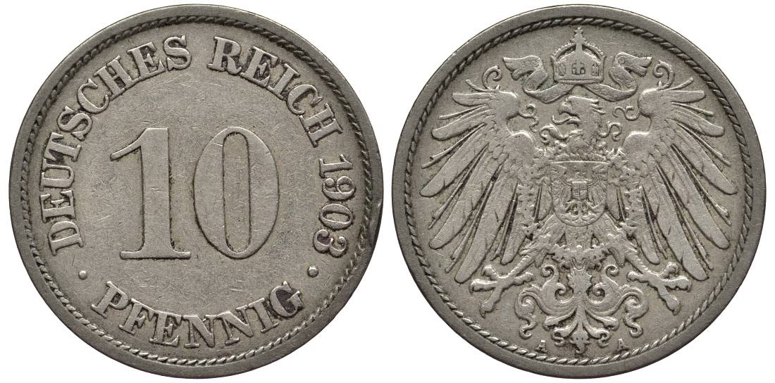 Германия 10 пфеннигов 1903 A KM 12, Jager 13, Weege 8 медно-никель 219-354